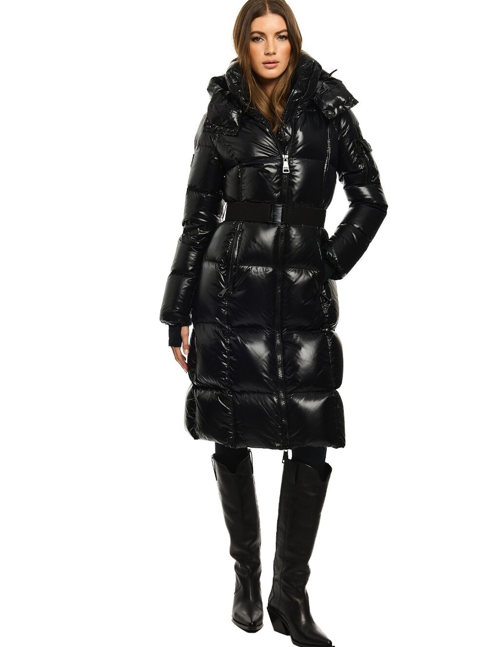 SAM LONG Noho Down Puffer Coat Black Belted Full Length Women's Small Read